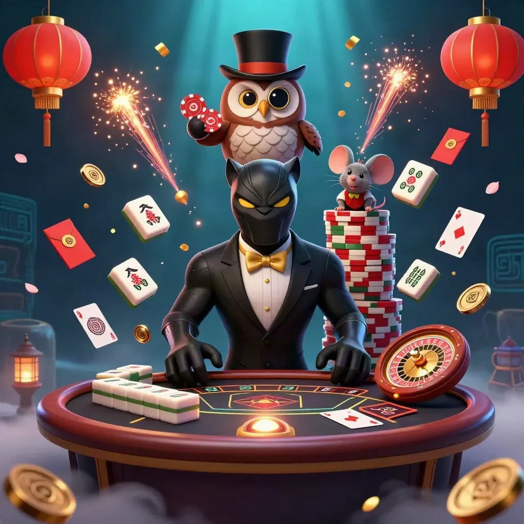 Svart panter, uggla och mus bland guldmynt, lyktor och casinoljus i blått.