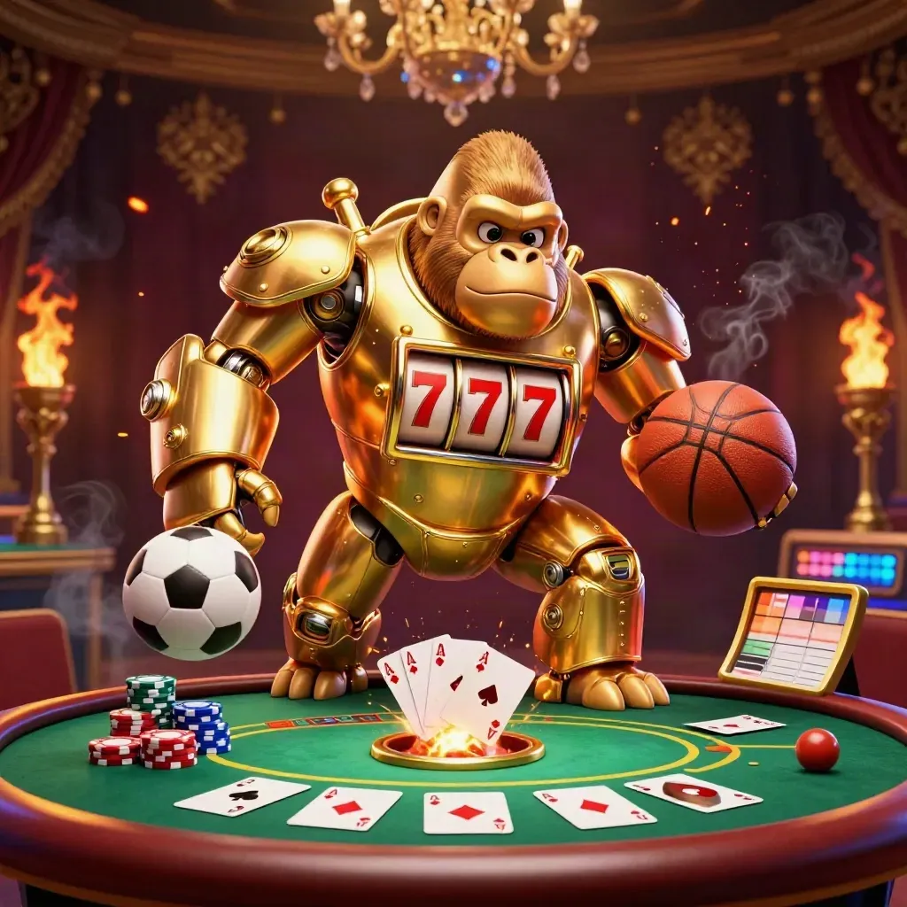 Gyllene gorillamech med spelhjul, pokerbord, bollar och kort i lyxig casinostämning.