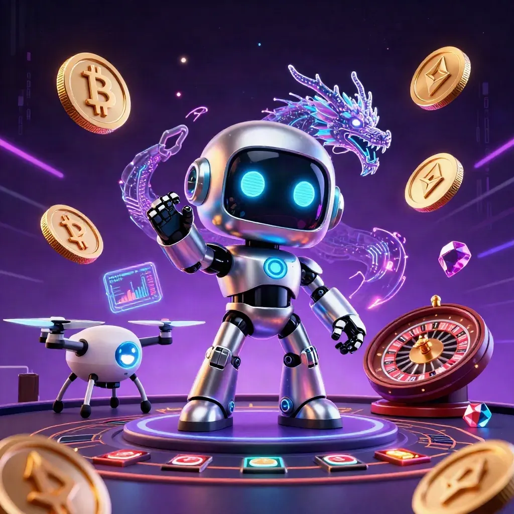 Robot, digital drake och drönare i ett lyxigt neonkasinorum med guld och stjärnhimmel.