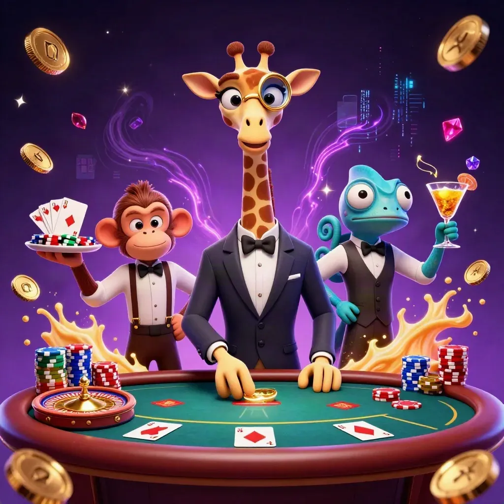 Tre casinodjur vid pokerbord, med mynt, juveler och neonlys.
