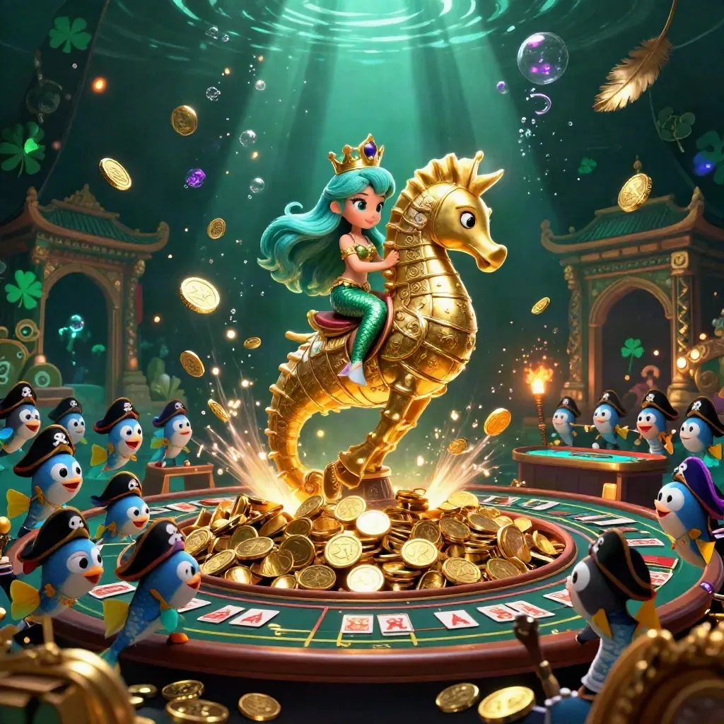 Mäktig sjöjungfruprinsessa på sjöhäst bland guld, fiskar, roulette och casinoglow.